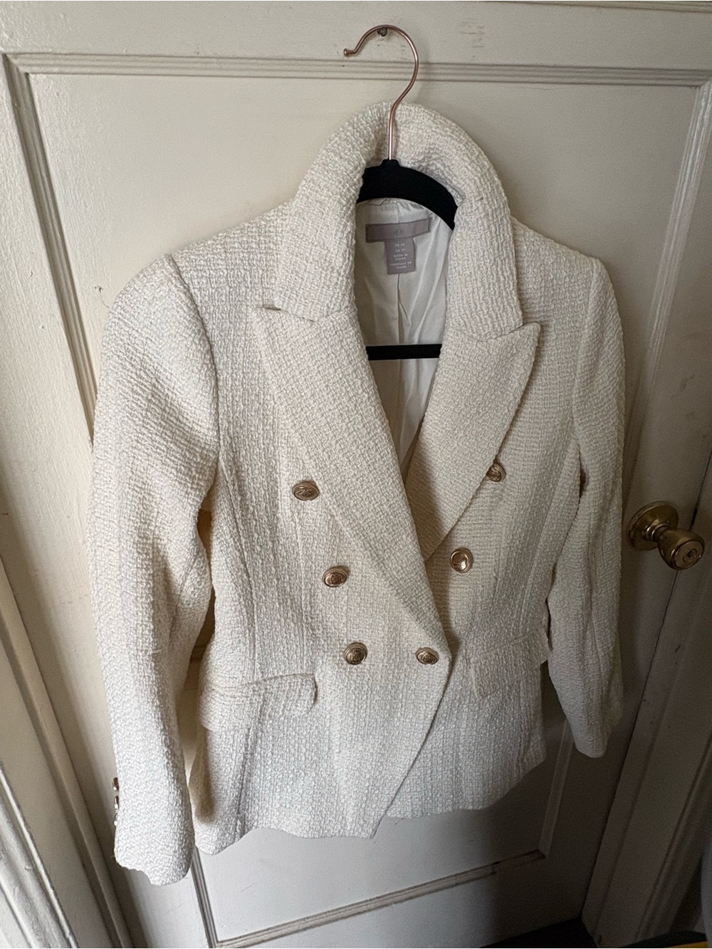 H&M Cream Double-Breasted Bouclé Blazer with Gold Buttons